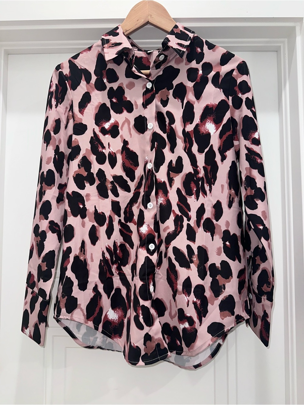 Pink Leopard Print Button-Up Blouse